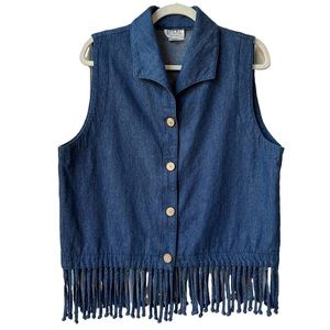 Vintage 80s 90s Western Denim Fringe Button Down Blue Jean Vest Size Sm / Med